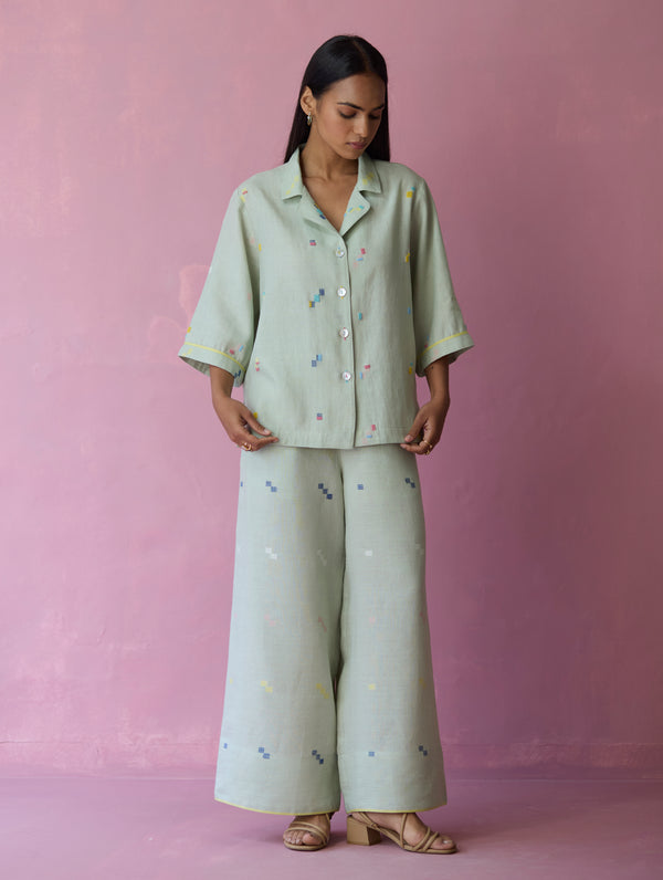 Imri Cuban Collared Jamdani Linen Co-ord Set - Aqua