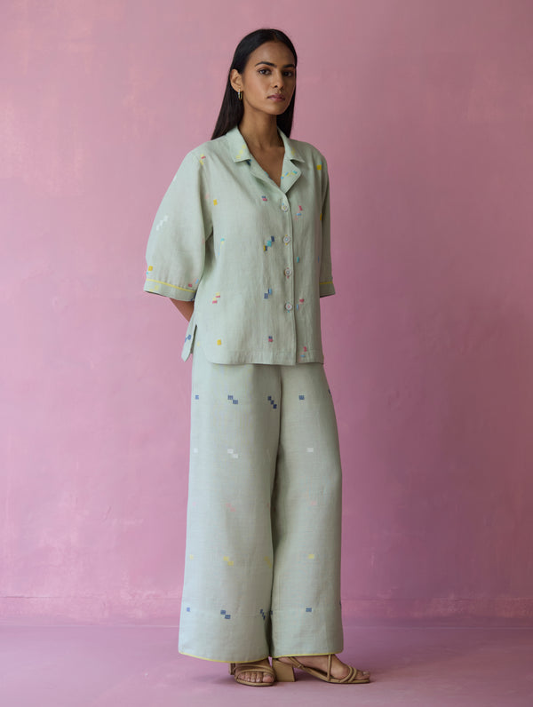Imri Cuban Collared Jamdani Linen Co-ord Set - Aqua