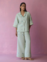 Imri Cuban Collar Jamdani Linen Shirt - Aqua