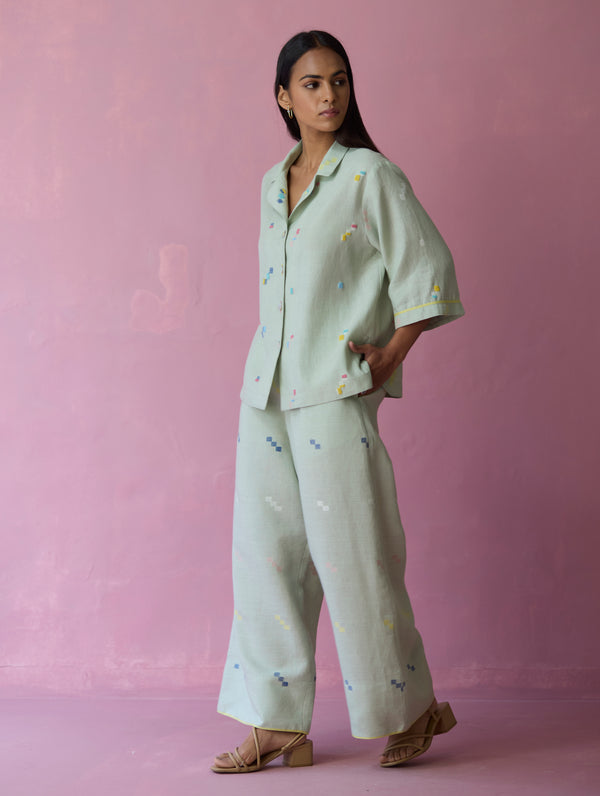 Imri Cuban Collared Jamdani Linen Co-ord Set - Aqua
