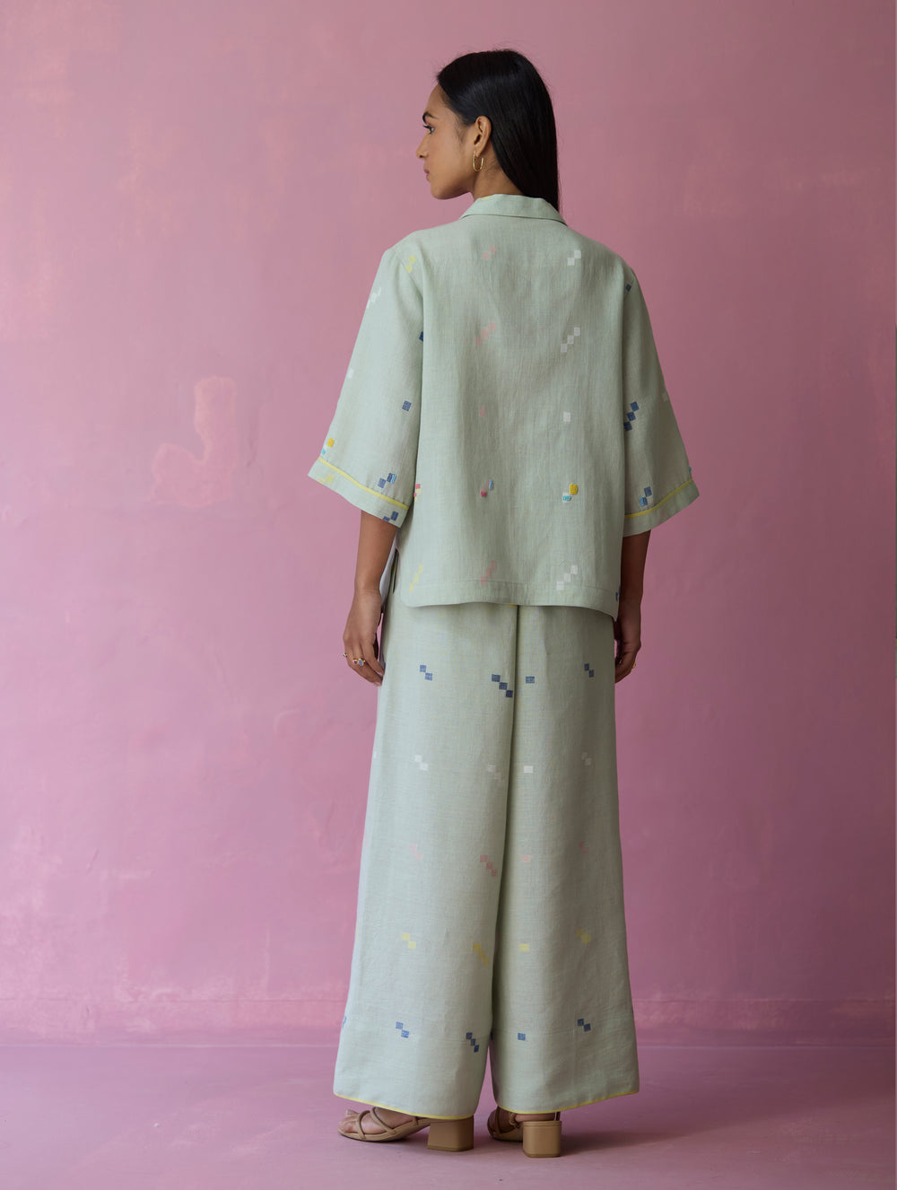 Imri Cuban Collar Jamdani Linen Shirt - Aqua