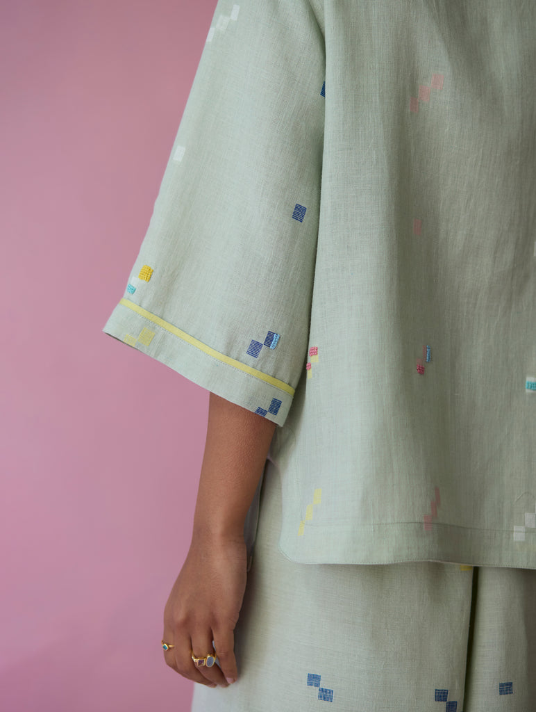 Imri Cuban Collar Jamdani Linen Shirt - Aqua