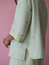 Imri Cuban Collar Jamdani Linen Shirt - Aqua