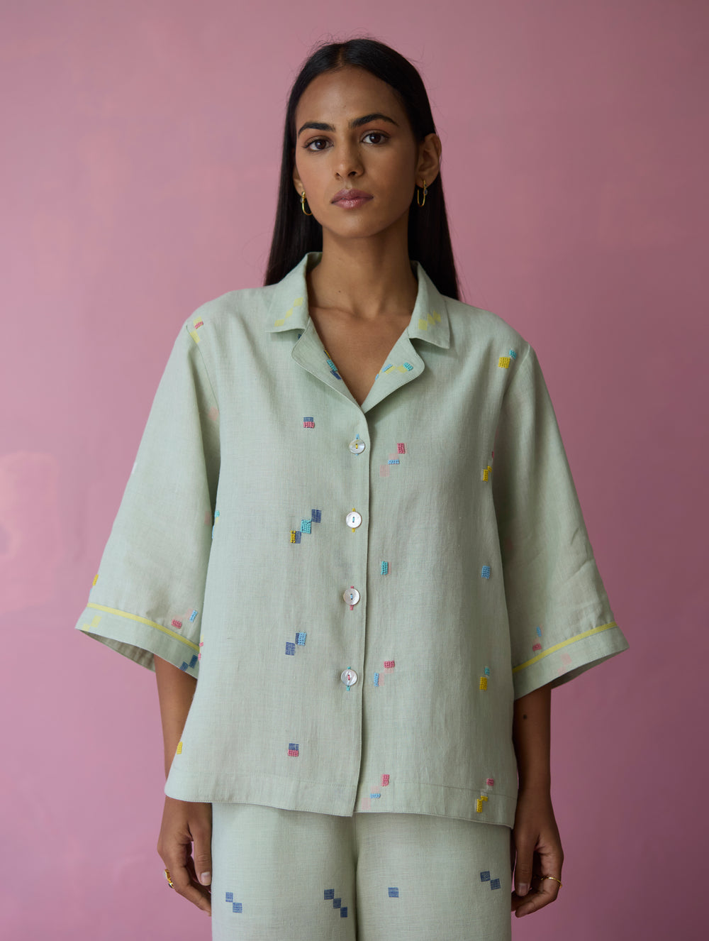 Imri Cuban Collar Jamdani Linen Shirt - Aqua