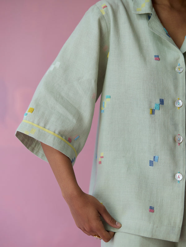 Imri Cuban Collared Jamdani Linen Co-ord Set - Aqua