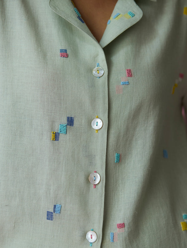 Imri Cuban Collared Jamdani Linen Co-ord Set - Aqua