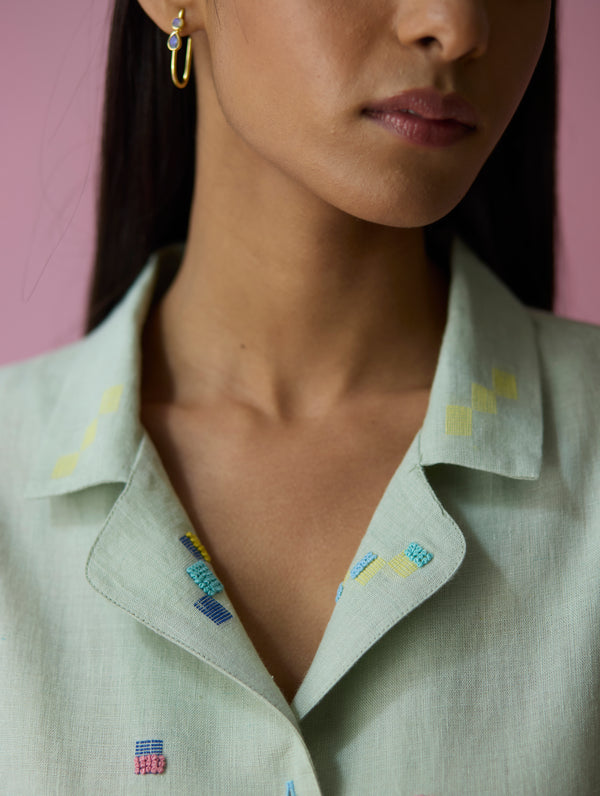 Imri Cuban Collared Jamdani Linen Co-ord Set - Aqua