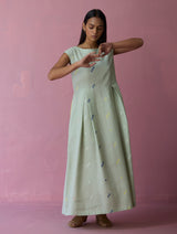 Zaha Cap Sleeve Jamdani Linen Dress - Aqua