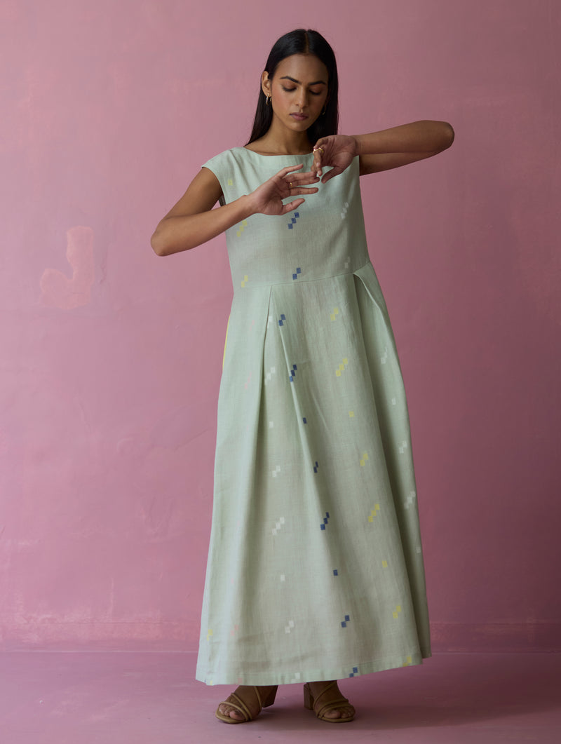 Aqua Zaha Cap Sleeve Jamdani Linen Dress Manan M