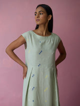 Zaha Cap Sleeve Jamdani Linen Dress - Aqua