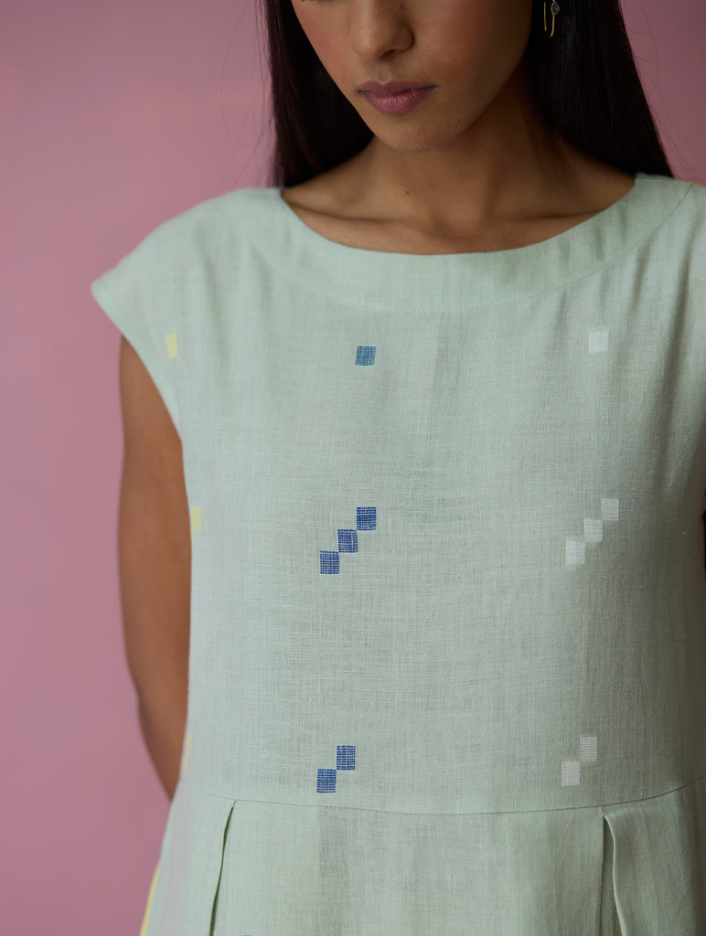 Zaha Cap Sleeve Jamdani Linen Dress - Aqua