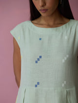 Zaha Cap Sleeve Jamdani Linen Dress - Aqua