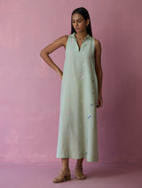 Cara Collared Jamdani Linen Dress - Aqua