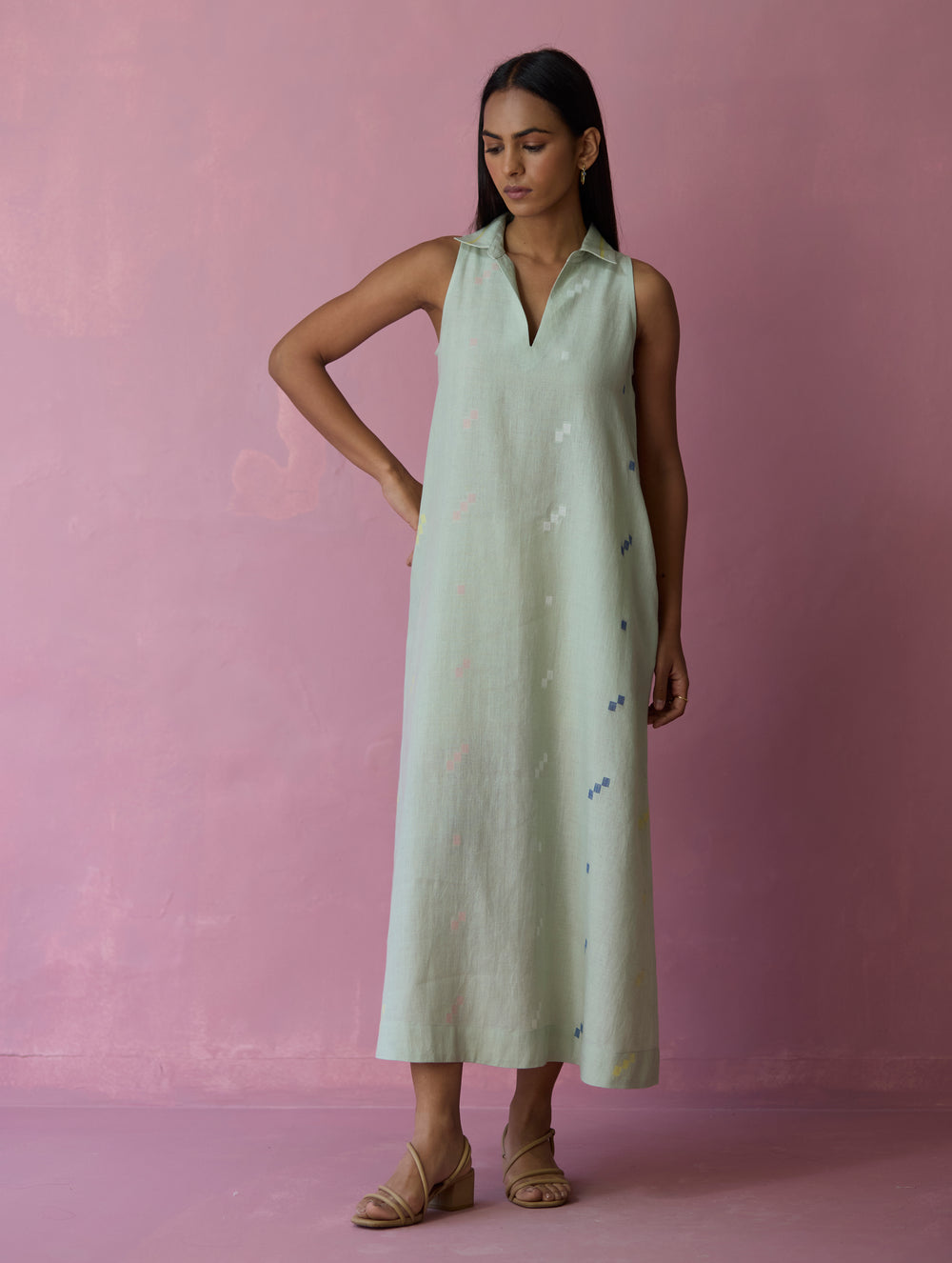 Cara Collared Jamdani Linen Co-ord Set - Aqua