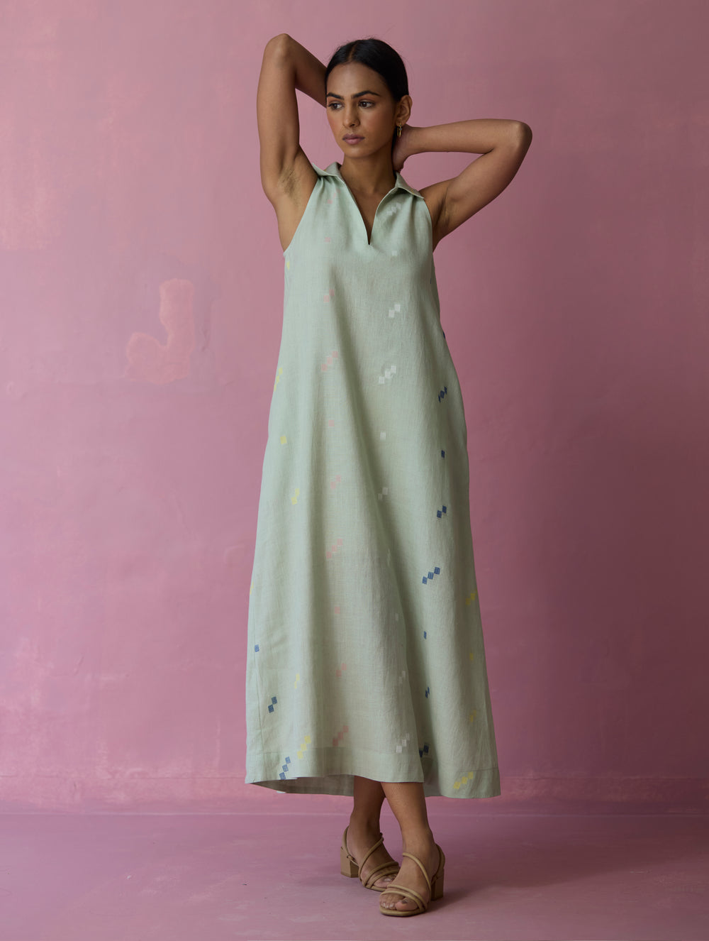 Cara Collared Jamdani Linen Co-ord Set - Aqua