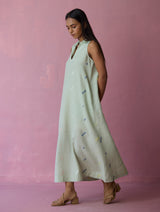 Cara Collared Jamdani Linen Dress - Aqua