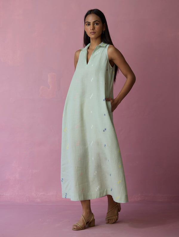 Cara Collared Jamdani Linen Co-ord Set - Aqua