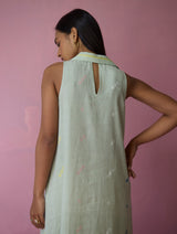 Cara Collared Jamdani Linen Dress - Aqua