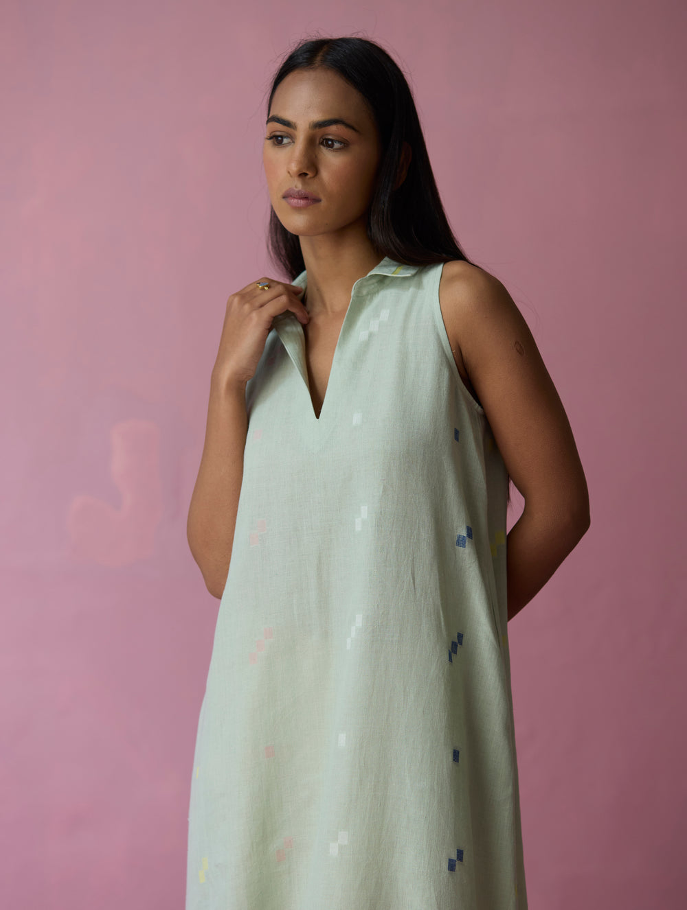 Cara Collared Jamdani Linen Co-ord Set - Aqua