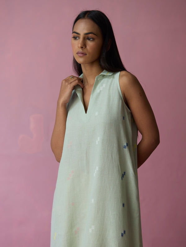 Cara Collared Jamdani Linen Co-ord Set - Aqua