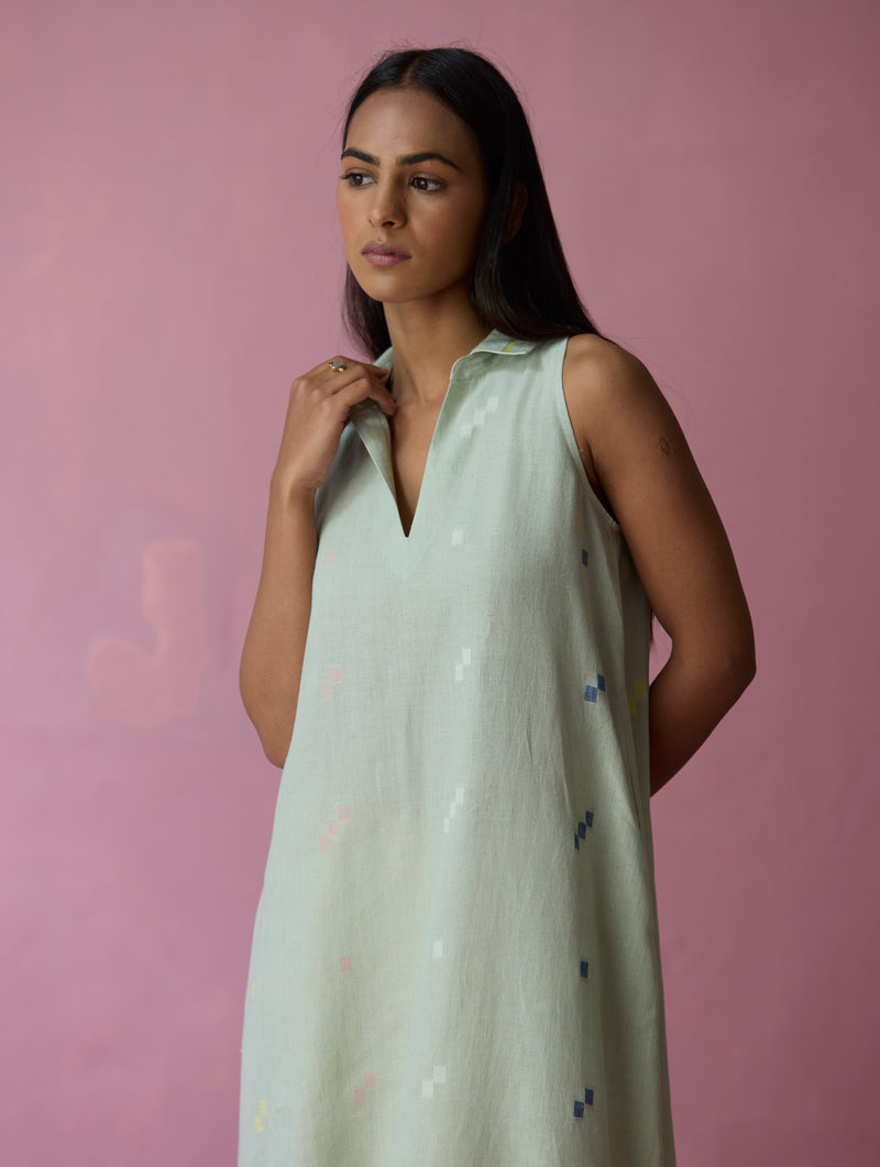 Aqua Cara Collared Jamdani Linen Dress for Women – Manan