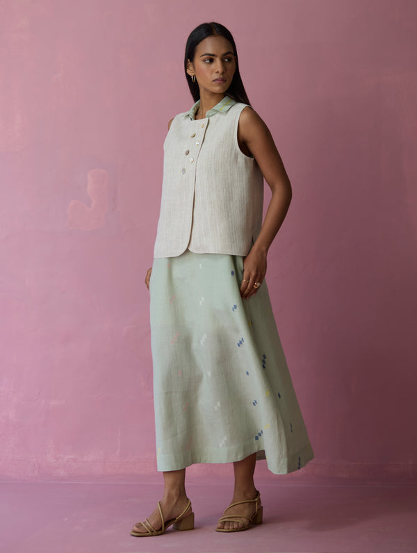 Cara Collared Jamdani Linen Co-ord Set - Aqua