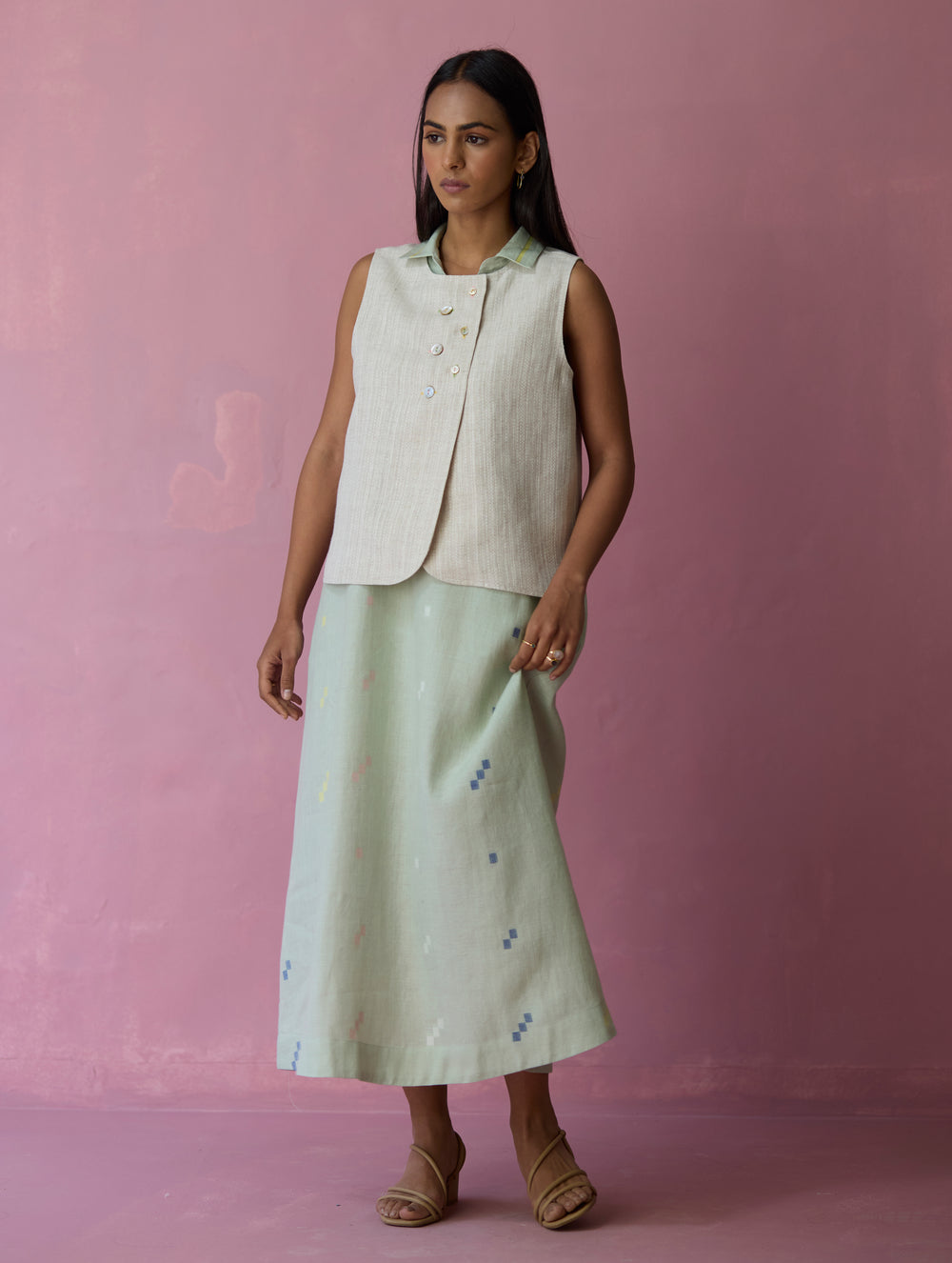 Cara Collared Jamdani Linen Co-ord Set - Aqua