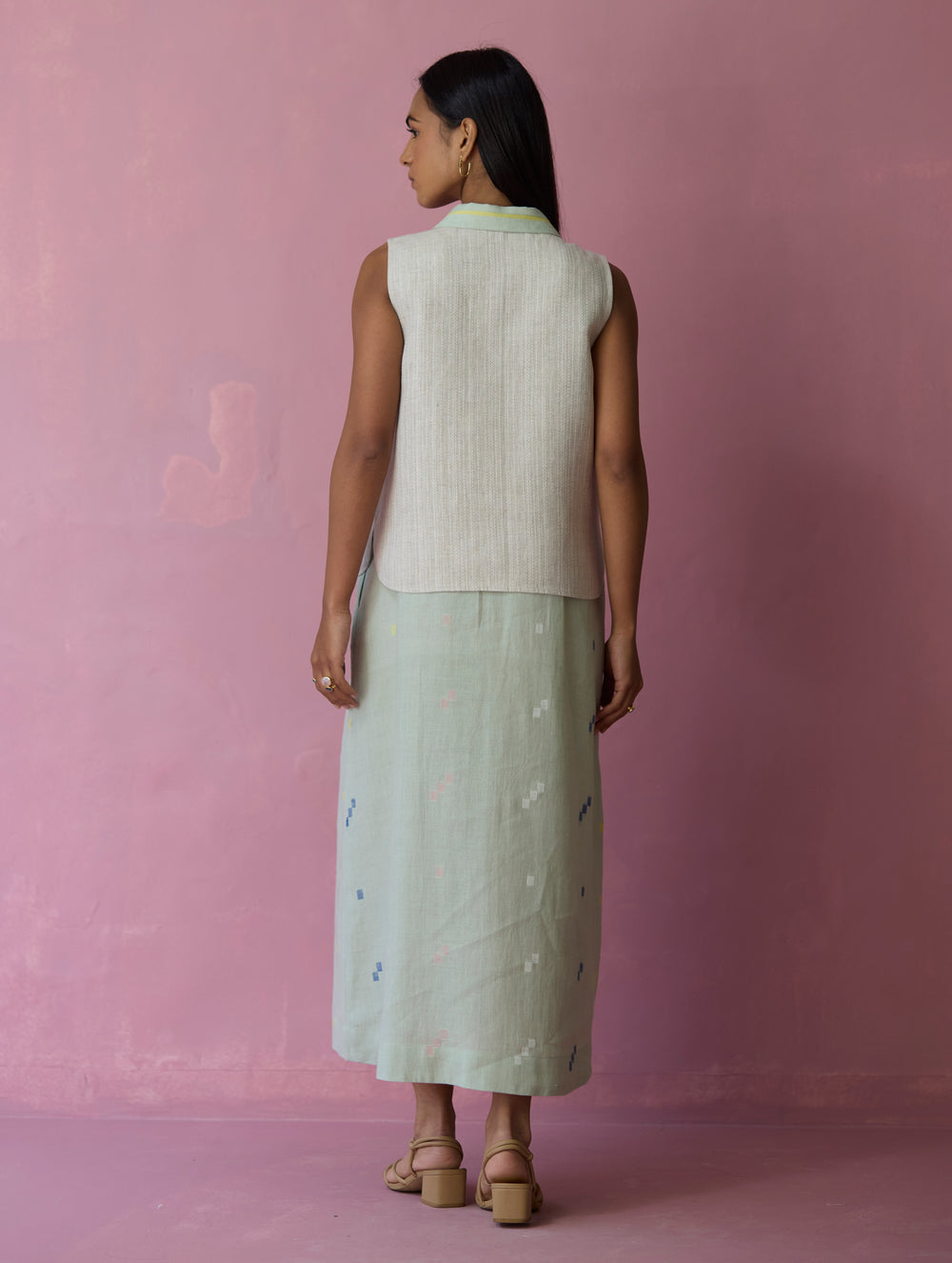 Cara Collared Jamdani Linen Co-ord Set - Aqua
