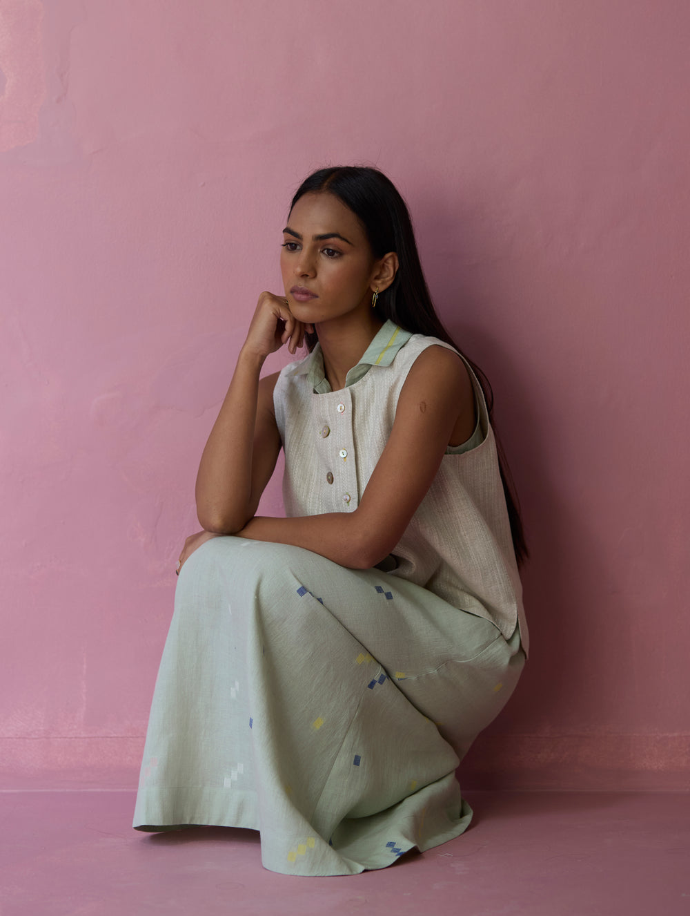 Cara Collared Jamdani Linen Co-ord Set - Aqua