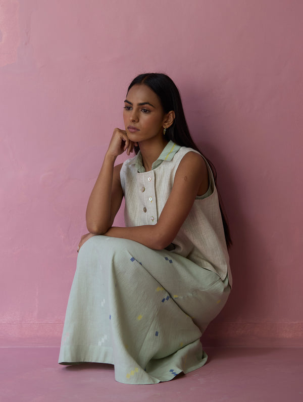 Cara Collared Jamdani Linen Co-ord Set - Aqua