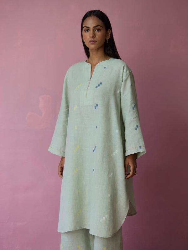 Ikara Jamdani Linen Kurta Set - Aqua