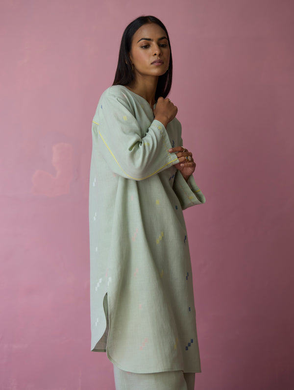 Ikara Jamdani Linen Kurta Set - Aqua