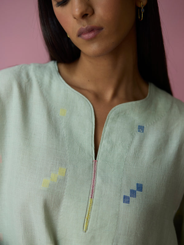 Ikara Jamdani Linen Kurta Set - Aqua