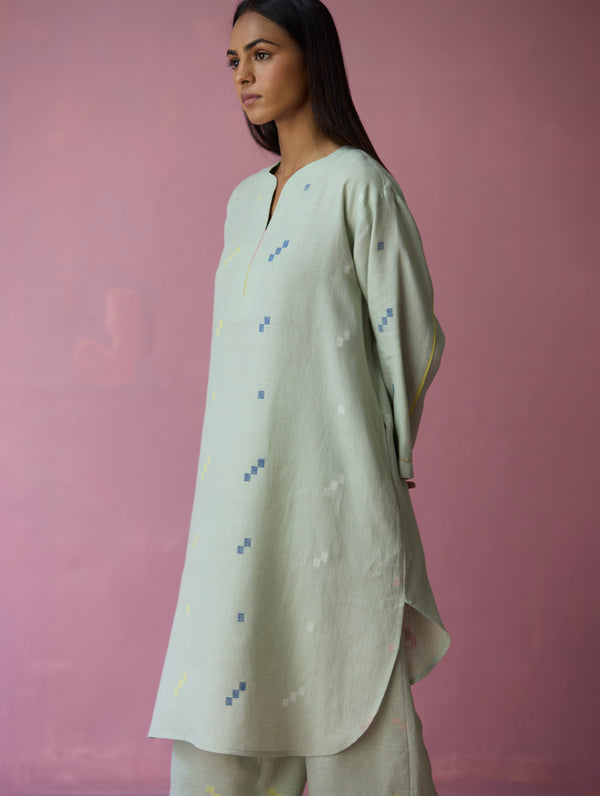 Ikara Jamdani Linen Kurta Set - Aqua