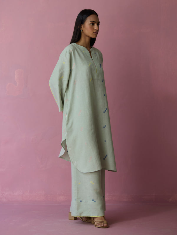Ikara Jamdani Linen Kurta Set - Aqua
