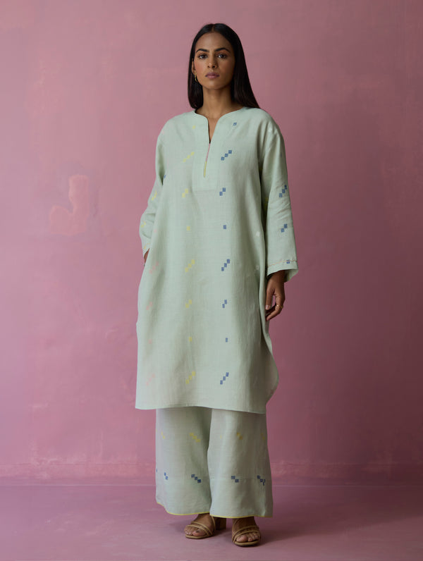 Ikara Jamdani Linen Kurta Set - Aqua