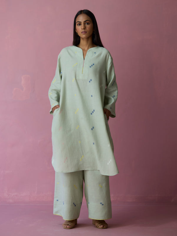 Ikara Jamdani Linen Kurta Set - Aqua