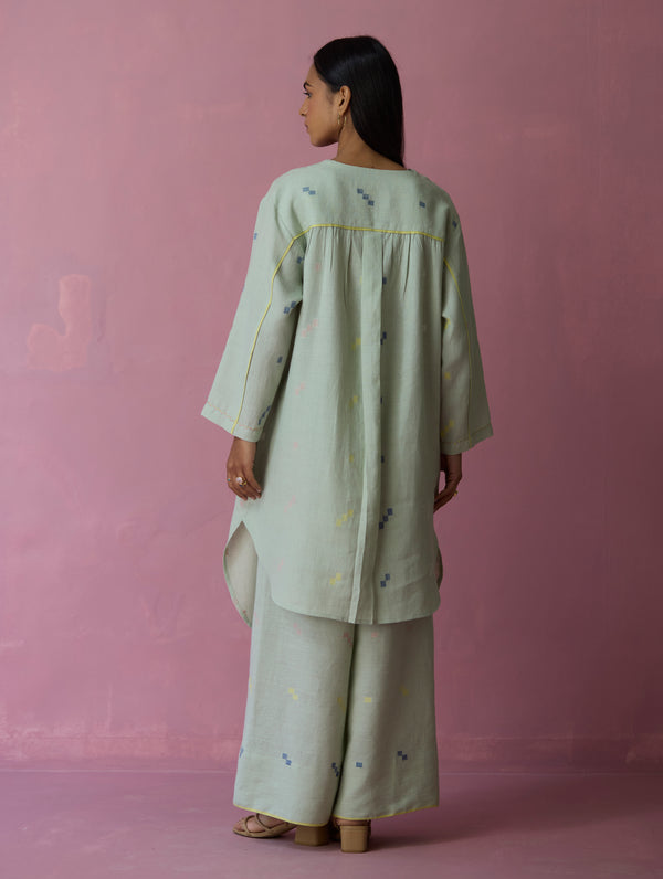 Ikara Jamdani Linen Kurta Set - Aqua