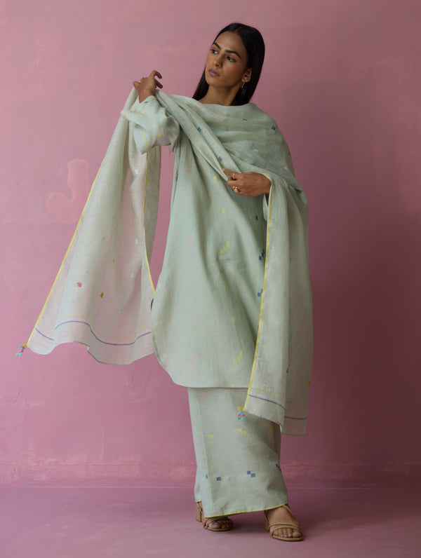 Ikara Jamdani Linen Kurta Set - Aqua