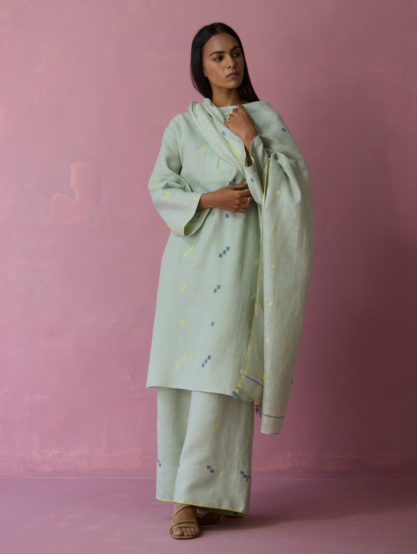 Ikara Jamdani Linen Kurta Set - Aqua