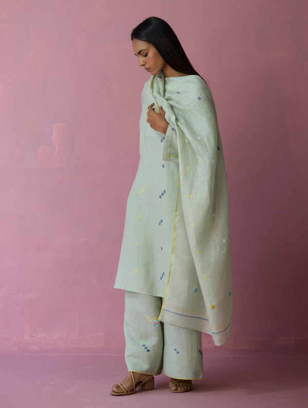 Ikara Jamdani Linen Kurta Set - Aqua