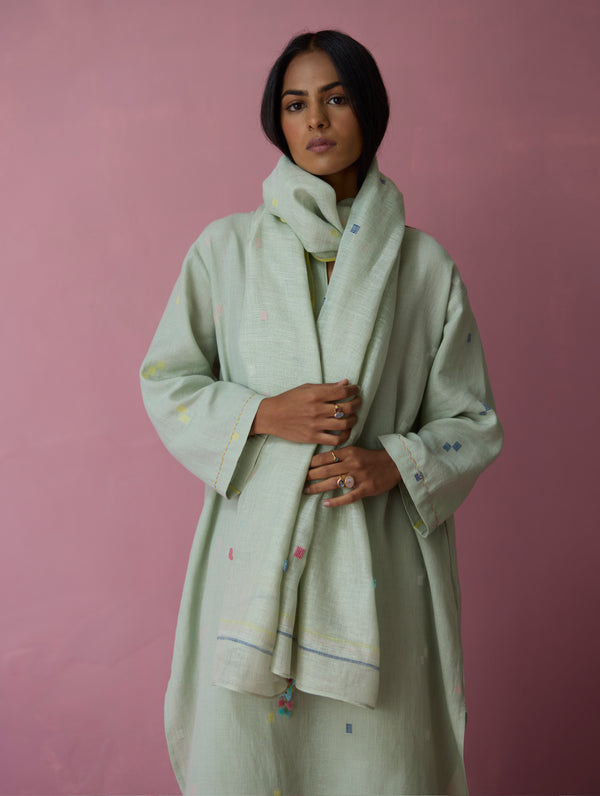 Mila Hand-Embroidered Jamdani Linen Dupatta - Aqua