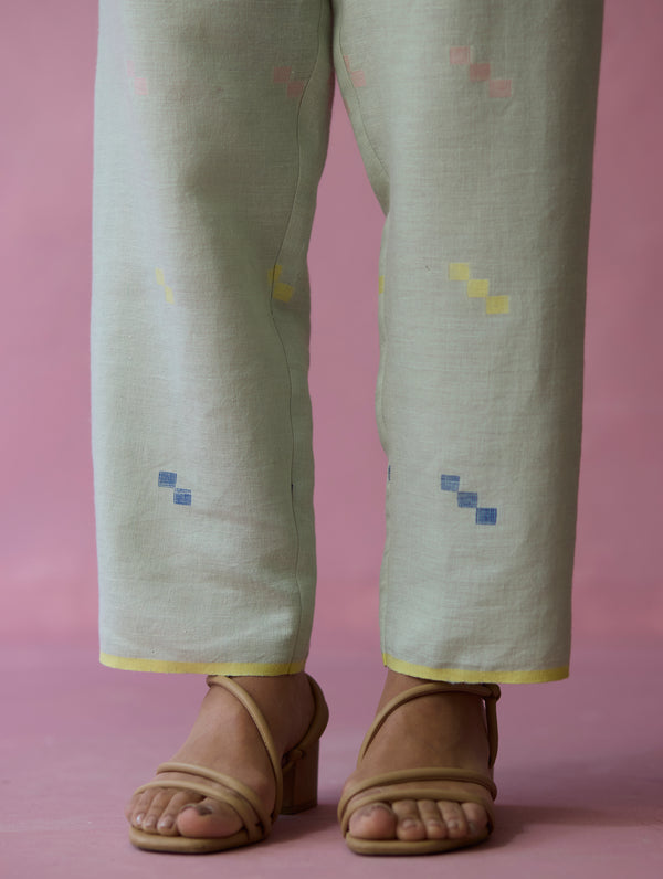 Miel Hand-Embroidered Jamdani Linen Kurta Set - Aqua