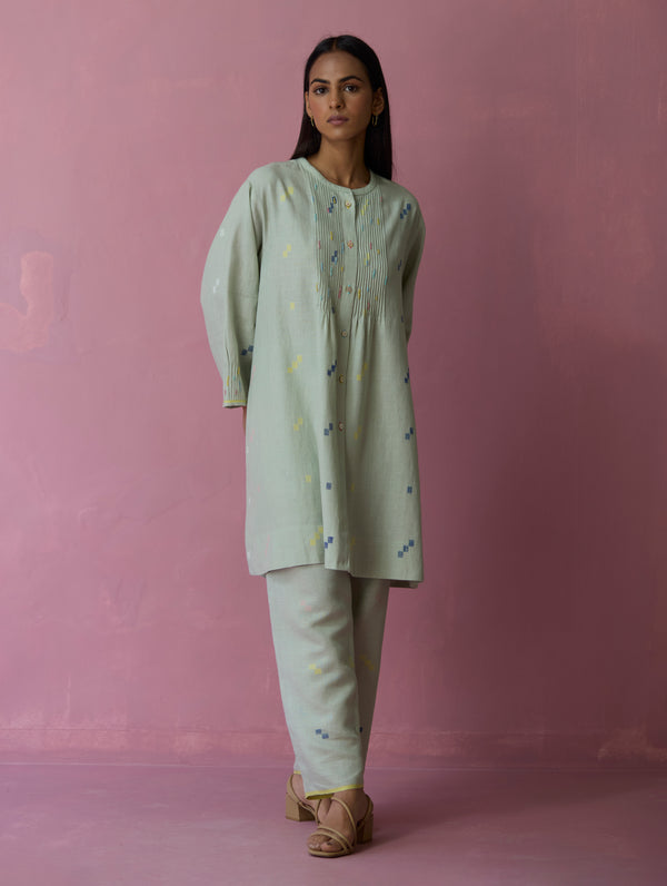 Dima Jamdani Linen Pintuck Co-ord Set - Aqua