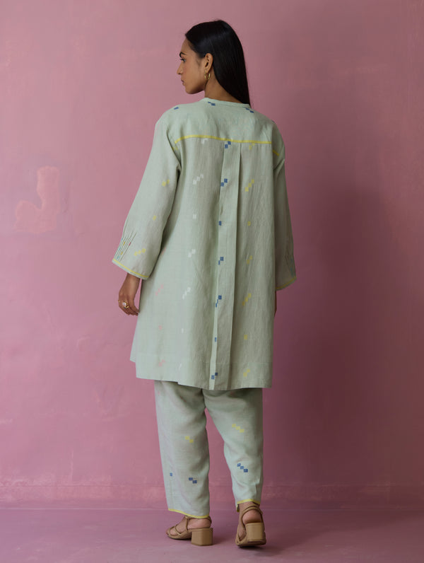 Dima Jamdani Linen Pintuck Co-ord Set - Aqua