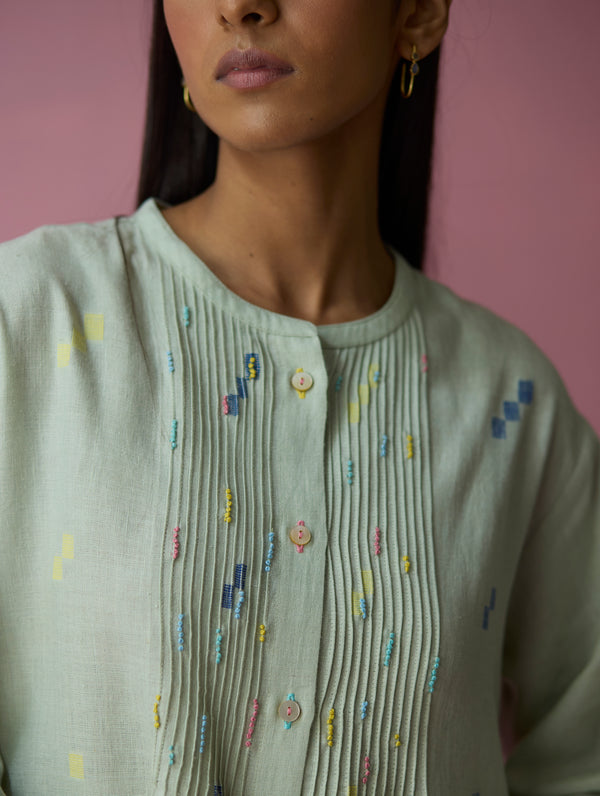 Dima Jamdani Linen Pintuck Co-ord Set - Aqua