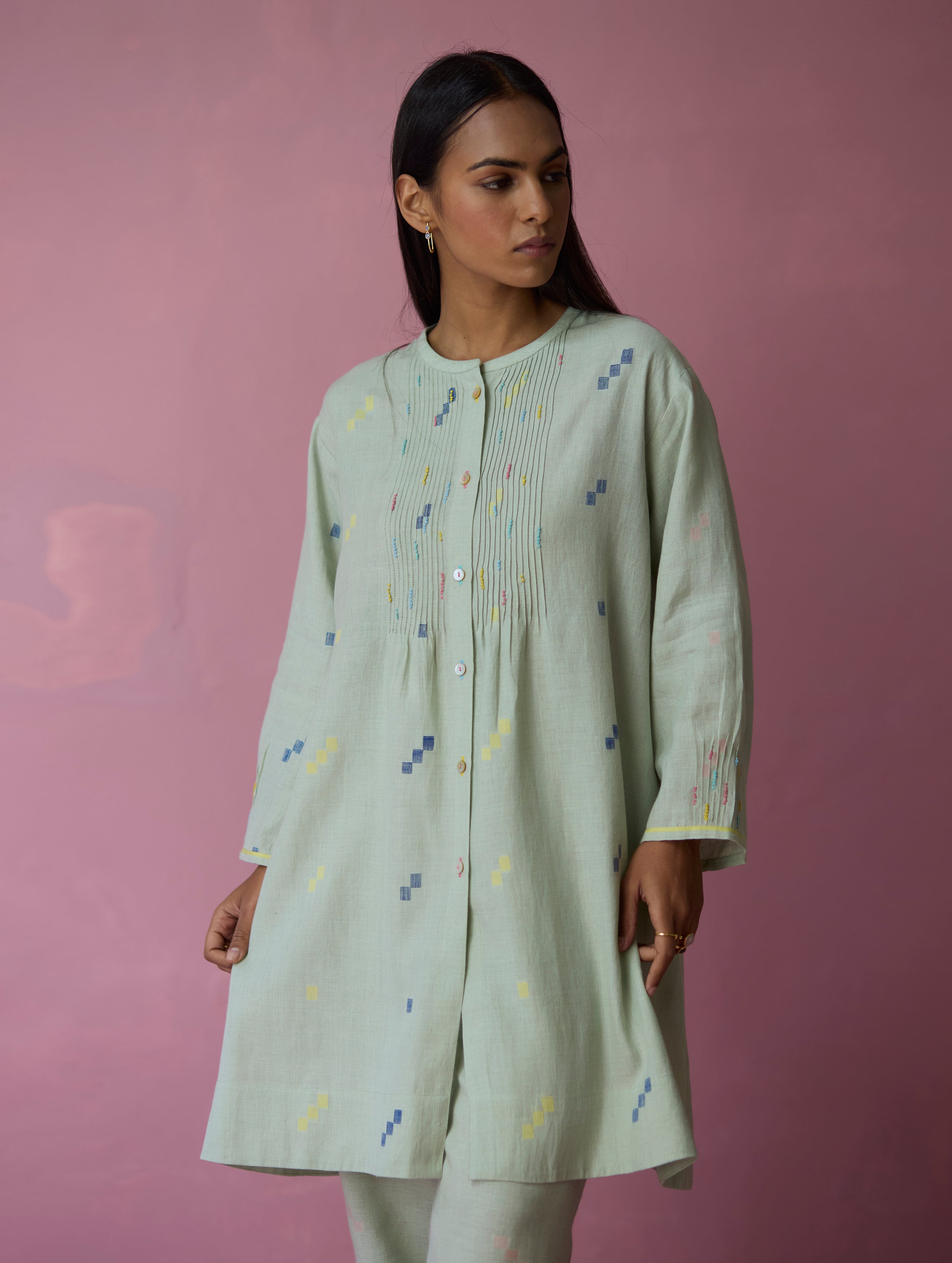 Dima Jamdani Ivory Linen Long Shirt | Manan
