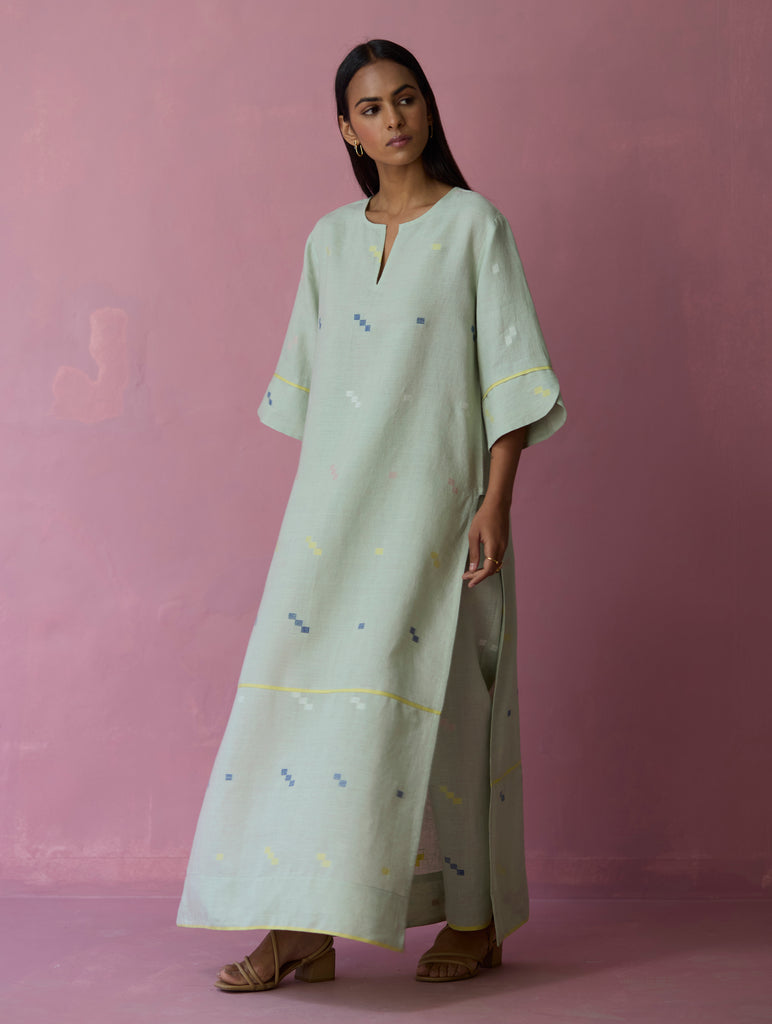 Rina High-slit Jamdani Linen Kurta - Aqua
