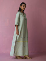 Rina High-slit Jamdani Linen Kurta - Aqua