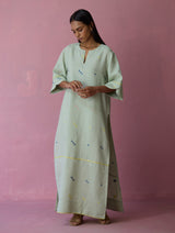 Rina High-slit Jamdani Linen Kurta - Aqua